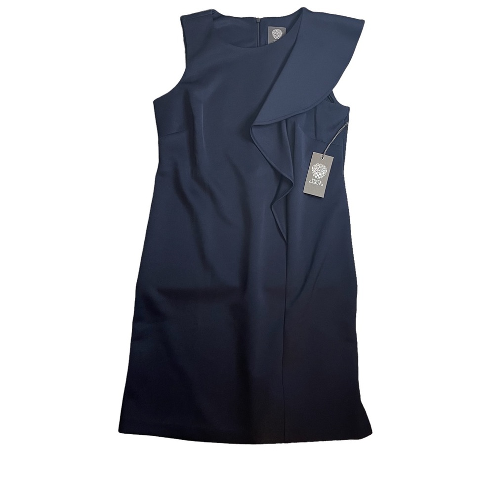 Vince Camuto Navy Blue Sleeveless Ruffle Trim Scuba Sheath Dress - Picture 4 of 5